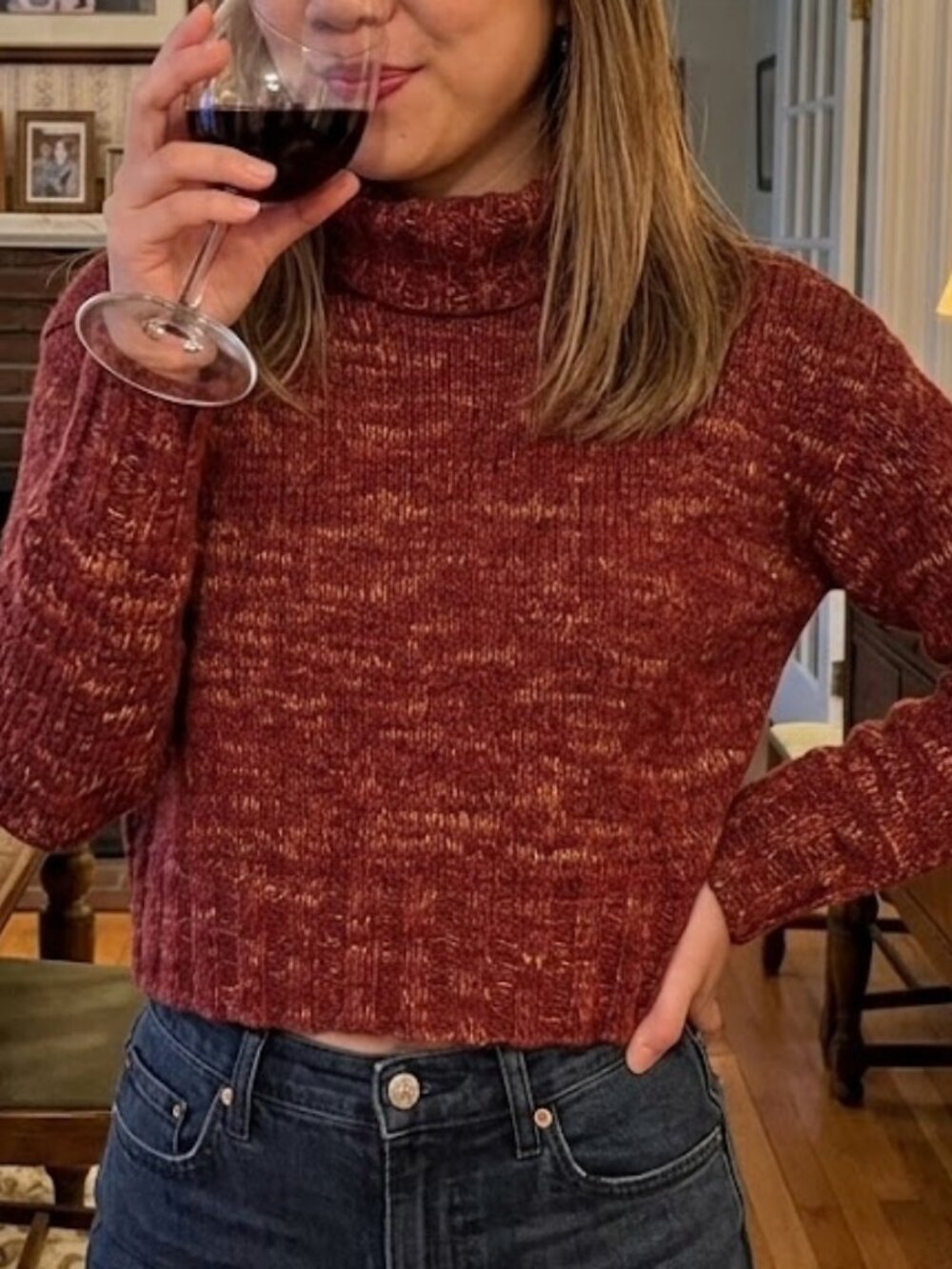 Marled Red Gold Semi-Cropped Chunky Knit Turtleneck Sweater Size XS